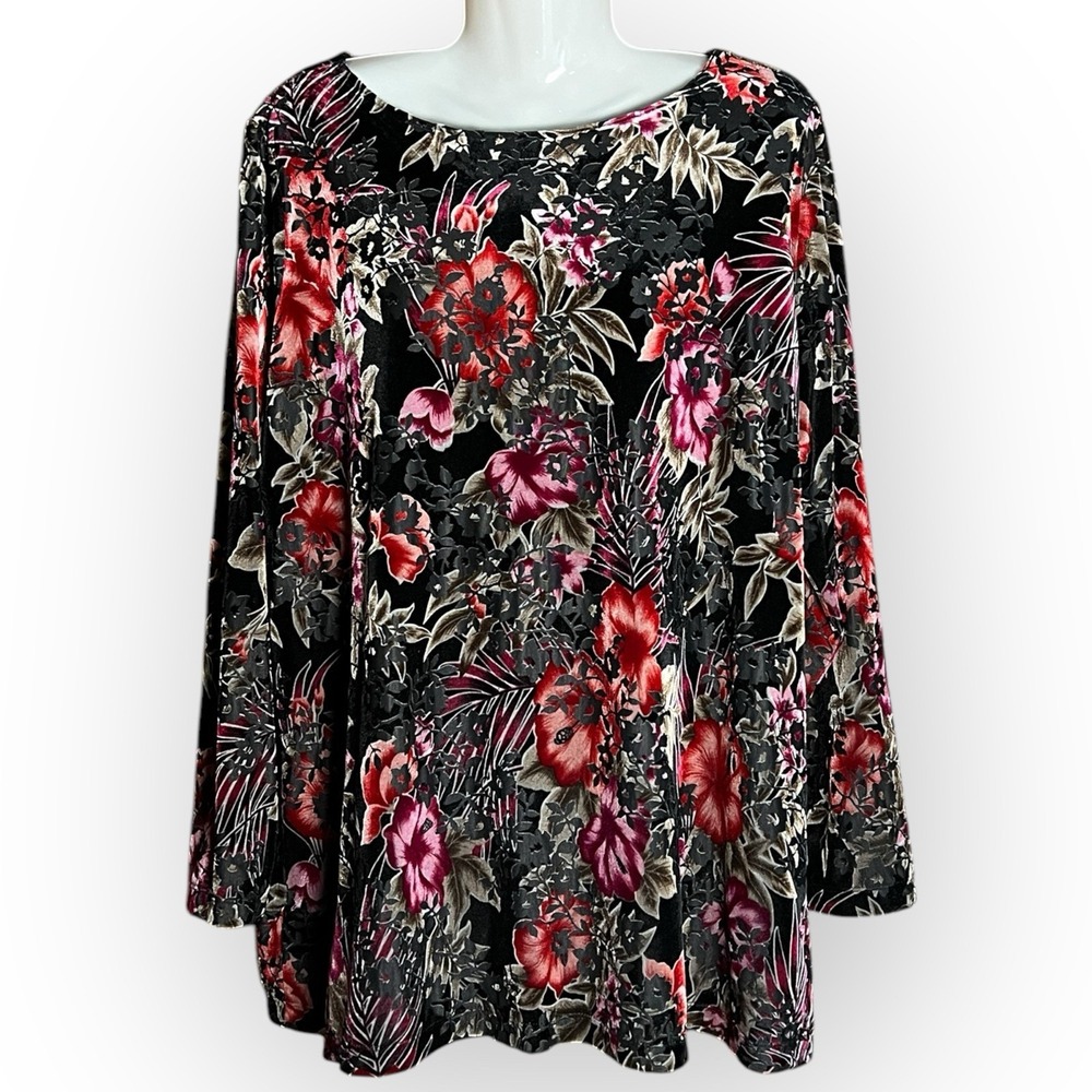 Susan‎ Graver Top Women 1X Tunic Velvet Burnout Lined Long Sleeve Boho Gothic